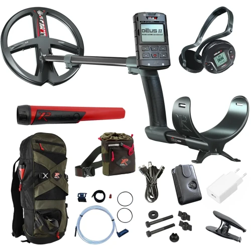 XP Deus II z panelem RC, cewką 9 FMF, słuchawkami WS6, pointer mi6, plecak, torba